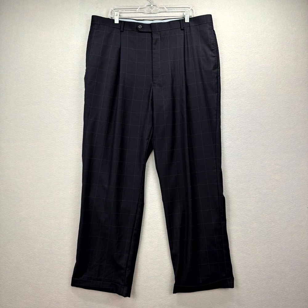 Tommy Hilfiger Dress Pants Men 40x32* Navy Check Wool Pleated Cuffed Straight